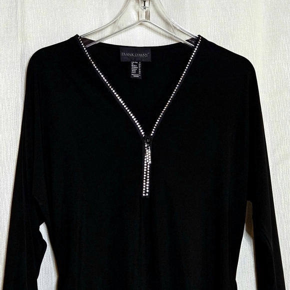 Frank Lyman Design Tops - Frank Lyman Design Black Rhinestone Zip Ruched Sides Blouse